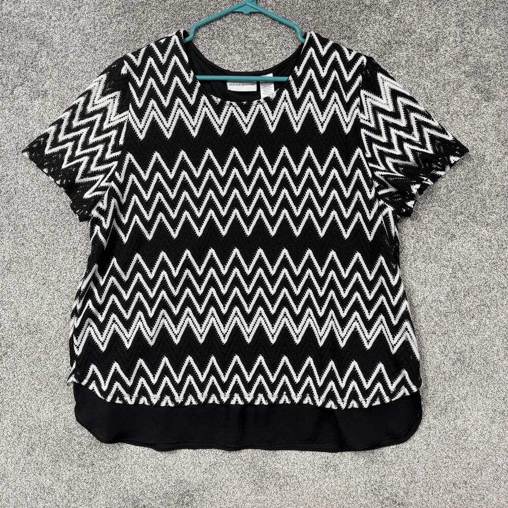 Alfred Dunner Blouse XL Chevron Chiffon Hem Dark Coastal Boho Crochet Layering